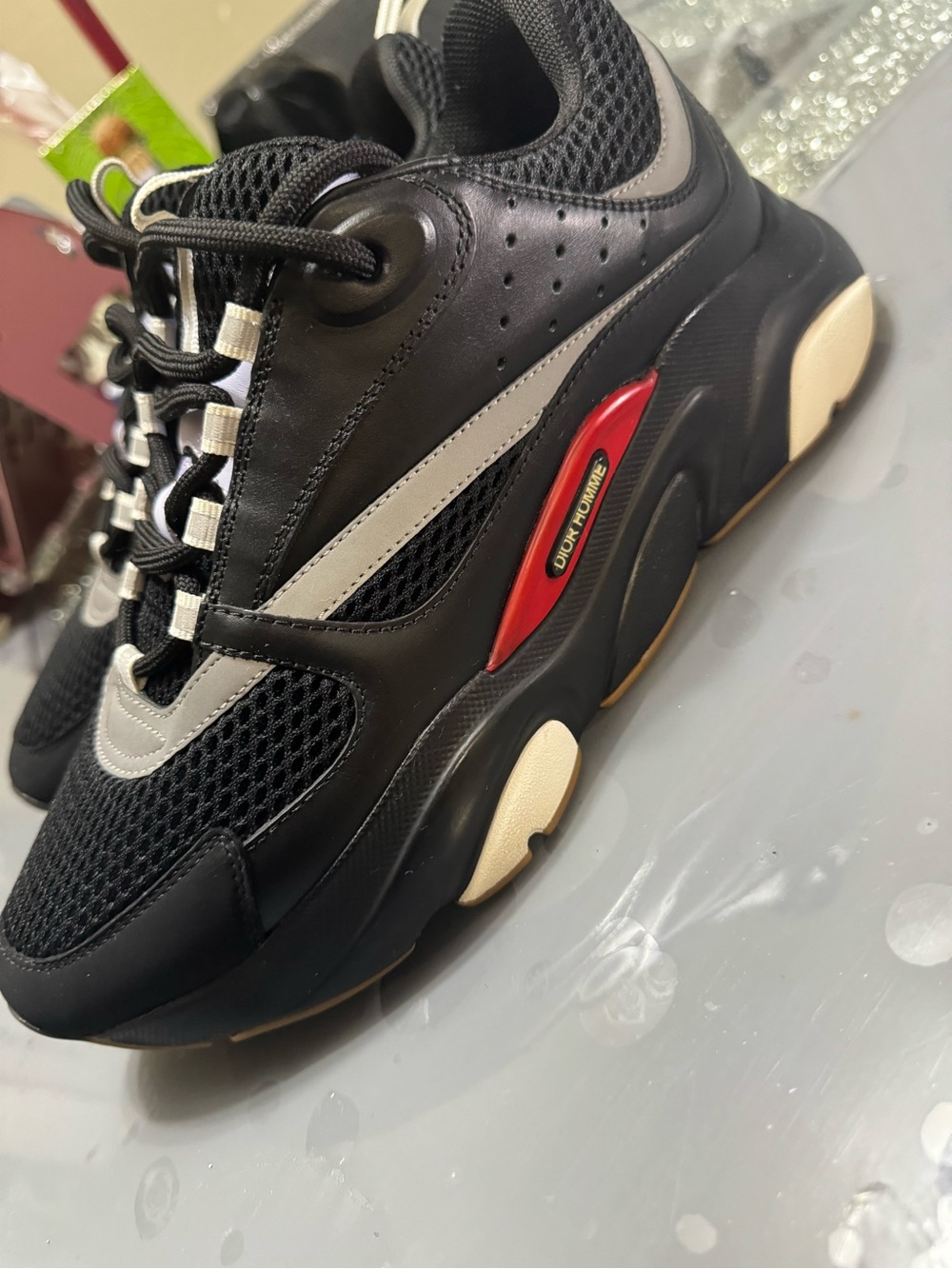Men's Black Mesh & Leather Chunky Sneakers with Red Accent